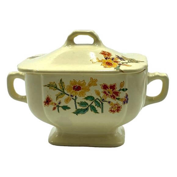 Homer Laughlin1930s Lidded Sugar Bowl Columbine Century Floral Pottery Ceramic W - Picture 3 of 10